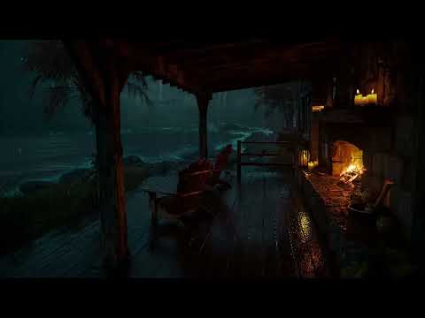 No Ads⛈️🌊Night Thunderstorm with Crackling Fire & Ocean Rain in the Porch | Sleep,Study & Full Relax