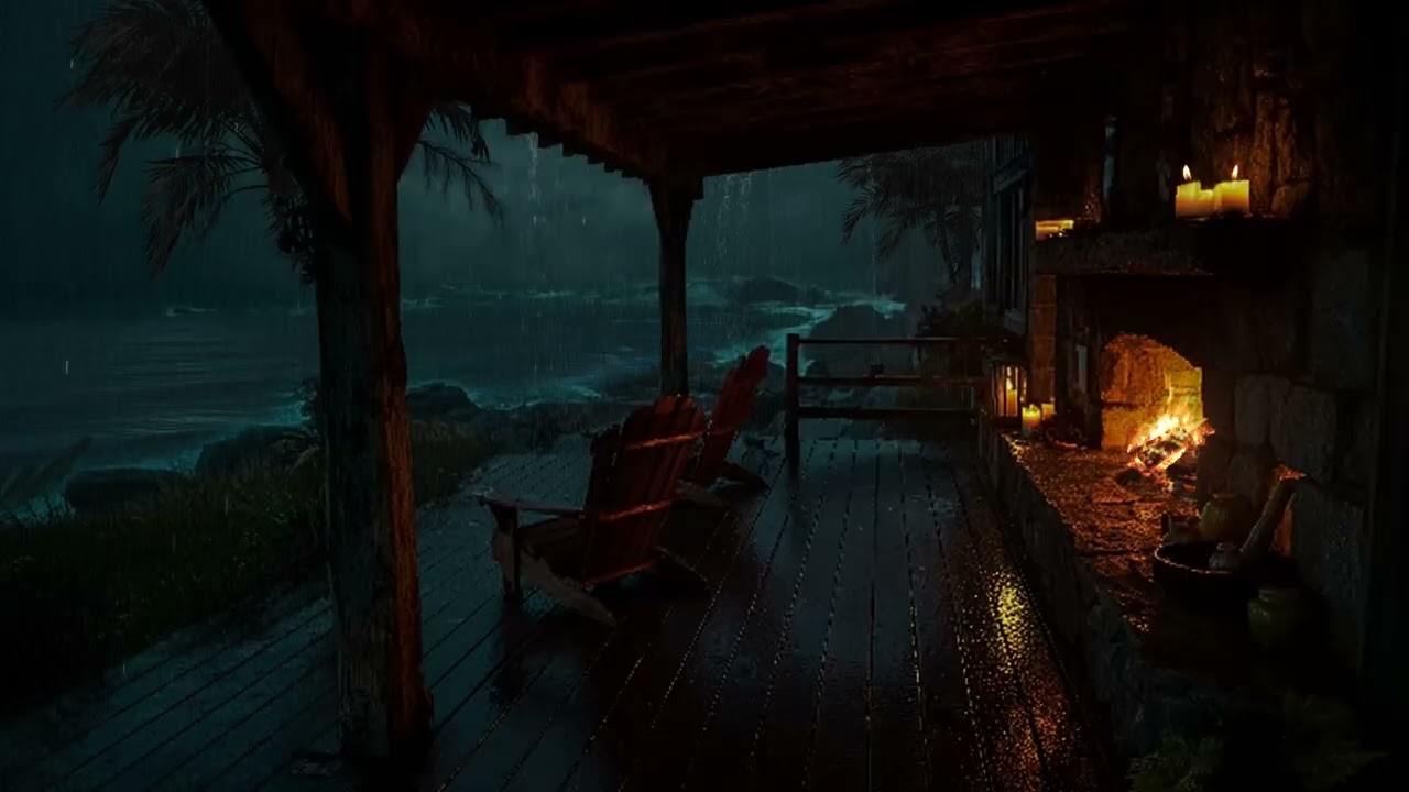 No Ads⛈️🌊Night Thunderstorm with Crackling Fire & Ocean Rain in the Porch | Sleep,Study & Full Relax