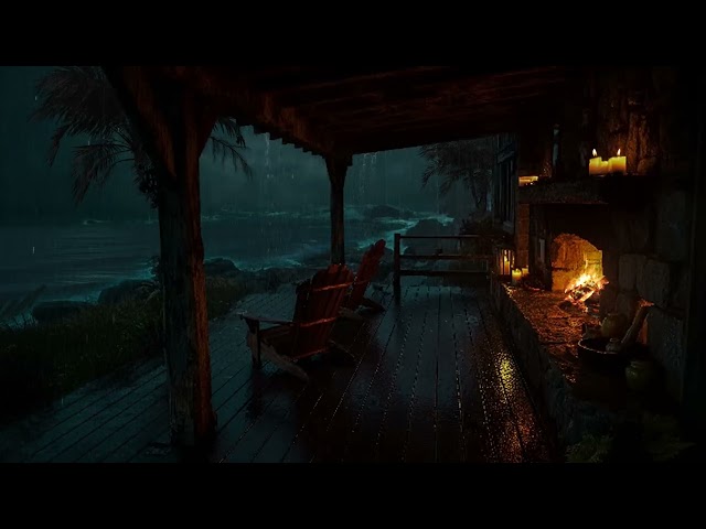 No Ads⛈️🌊Night Thunderstorm with Crackling Fire & Ocean Rain in the Porch | Sleep,Study & Full Relax