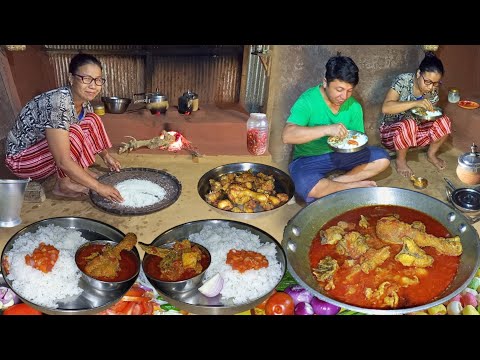 Nepali Style Chicken Curry Recipe with Tomato Achar and Rice Cooking Eating in Village Kitchen