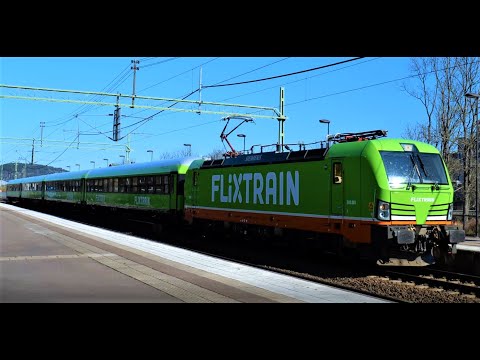 FlixTrain Vectron locomotive and passenger cars in Sweden - April 2021