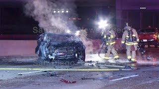 Two killed, San Diego Police Sergeant injured in 3-vehicle freeway crash, Miramar (San Diego)