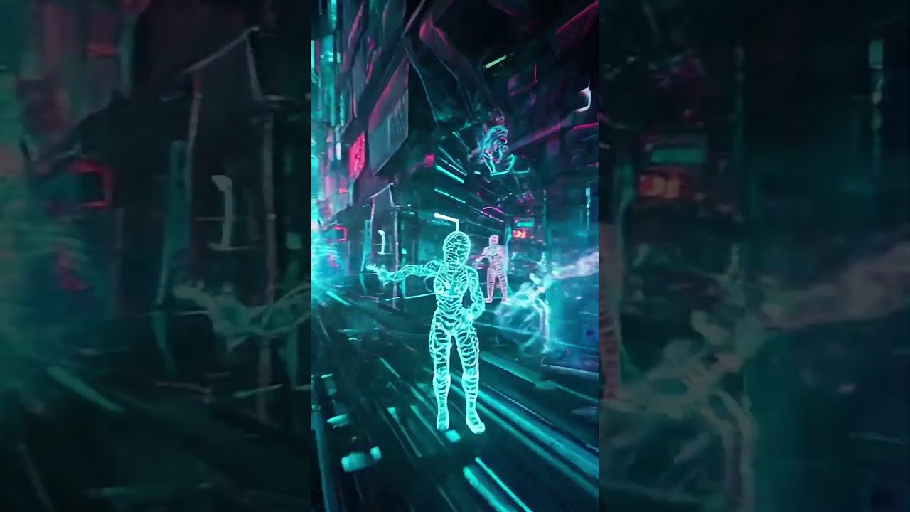 A chaotic cityscape with glitches holographic billboards. cyberpunk style. #cyberpunk #neon #vibe