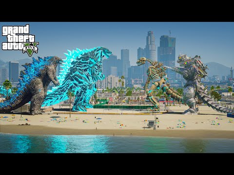 Atomic Godzilla, Godzilla Earth vs Kiryu Mechagodzilla, Skeleton Godzilla - Epic Fight ( GTA V Mod )