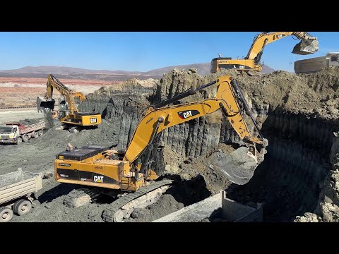 Three Caterpillar 385C And Liebherr 974 Excavators Loading Trucks - Sotiriadis/Labrianidis - 4k