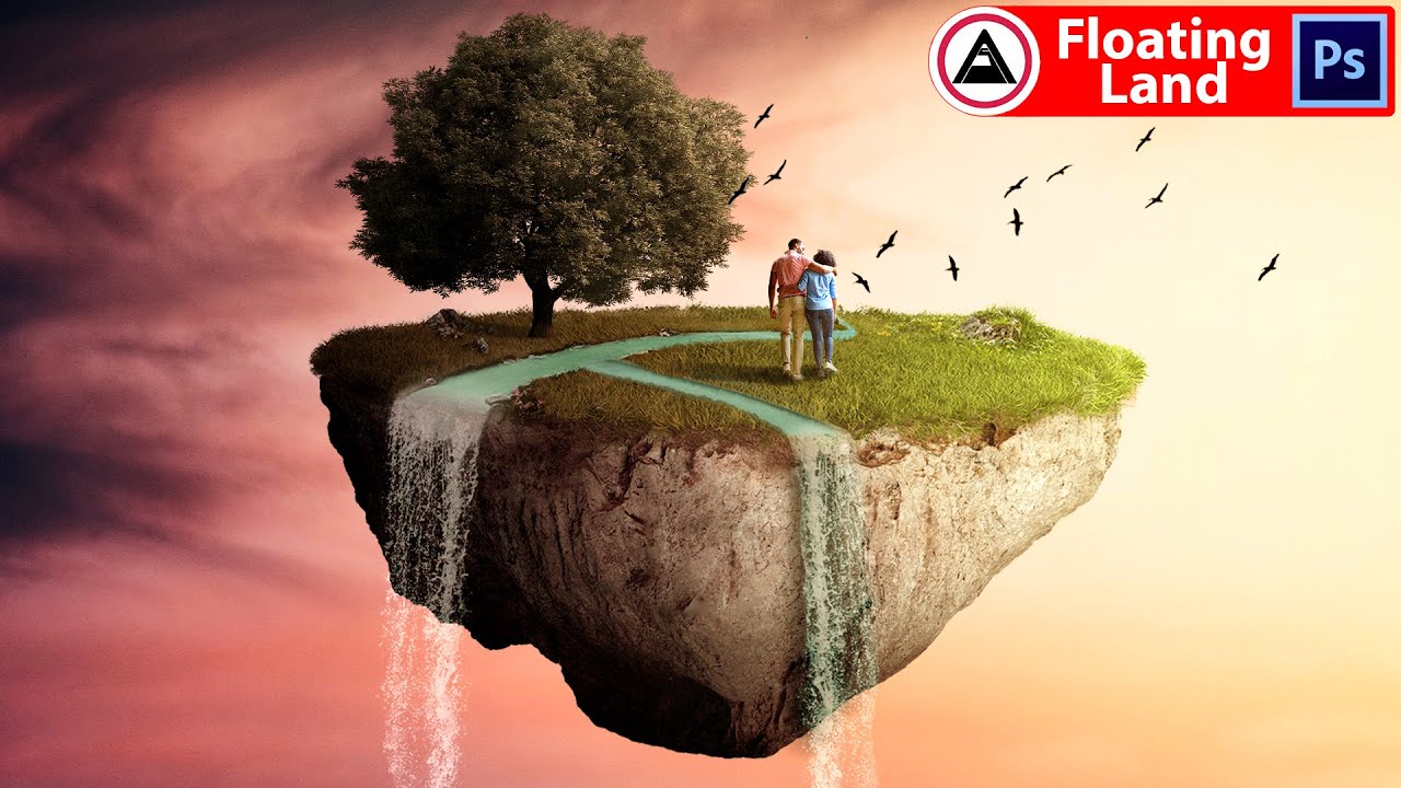 Floating land with river and a couple photo manipulation