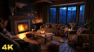 Cozy Cabin Thunderstorm & Fireplace ⛈️ Heavy Rain, Lightning & Sleeping Cat