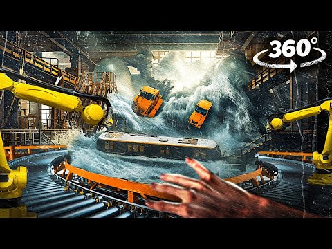360° FACTORY FLOOD 1 - Survive Tsunami Wave and Robots  VR 360 Video 4k ultra hd