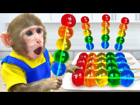 KiKi Monkey challenge cooking Satisfying Rainbow Jelly Dessert & ASMR Color Food | KUDO ANIMAL KIKI