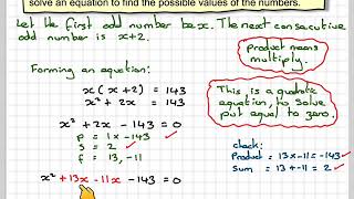 Using a quadratic equation to find the product of two consecutive odd numbers