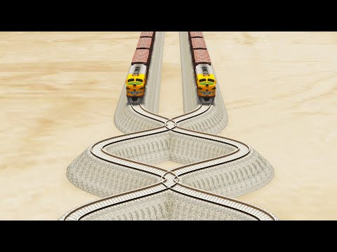 Impossible Weird Overlapping Rail Tracks Crossover Vs Trains Crossing - BeamNG.Drive
