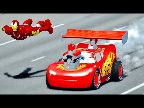 Lightning McQueen Dragster vs Iron Man MEGA BATTLE at Drag Race 10 KM