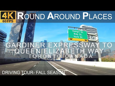 Driving tour 4K | Gardiner Expressway to Queen Elizabeth Way (Westbound) fall season, Toronto Canada