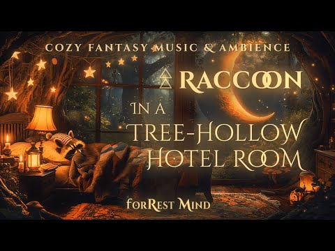 ☔ Sleeping Raccoon in a Tree-Hollow Hotel Room • Rainy Forest Sleep Ambience & Soft Fantasy Music