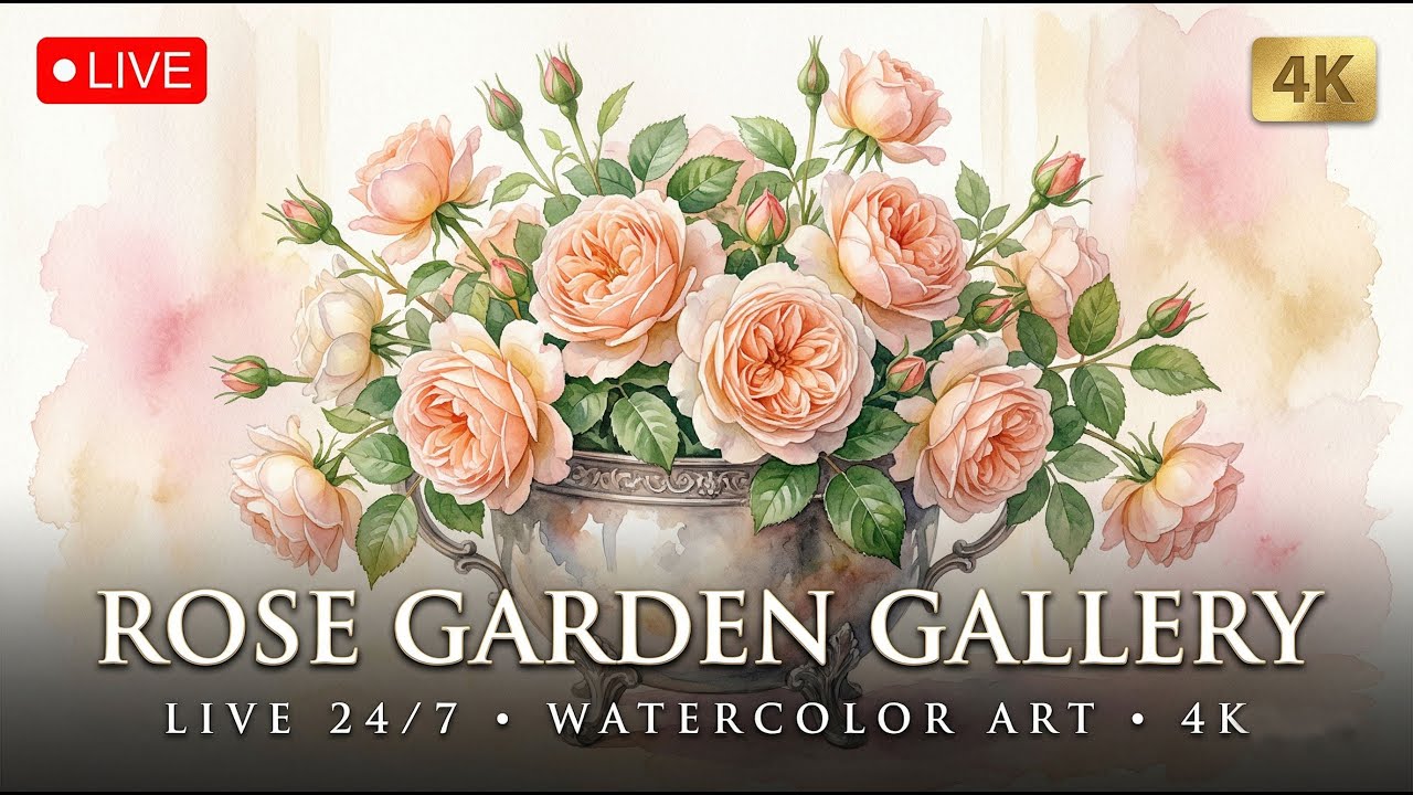 Watercolor Rose Vases - Peach English Roses Spring Art - 4K Screensaver π΄ LIVE β 4K ambient art screensaver in baroque gold frame