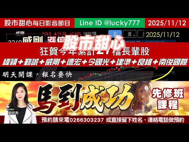 1112【甜心盤後影音】狂賀！今年累計27檔長輩股，緯穎．勤誠．威剛．德宏．今國光．建準．良維．南俊國際．「彩虹飛揚」！馬到成功先修班報名要快囉！