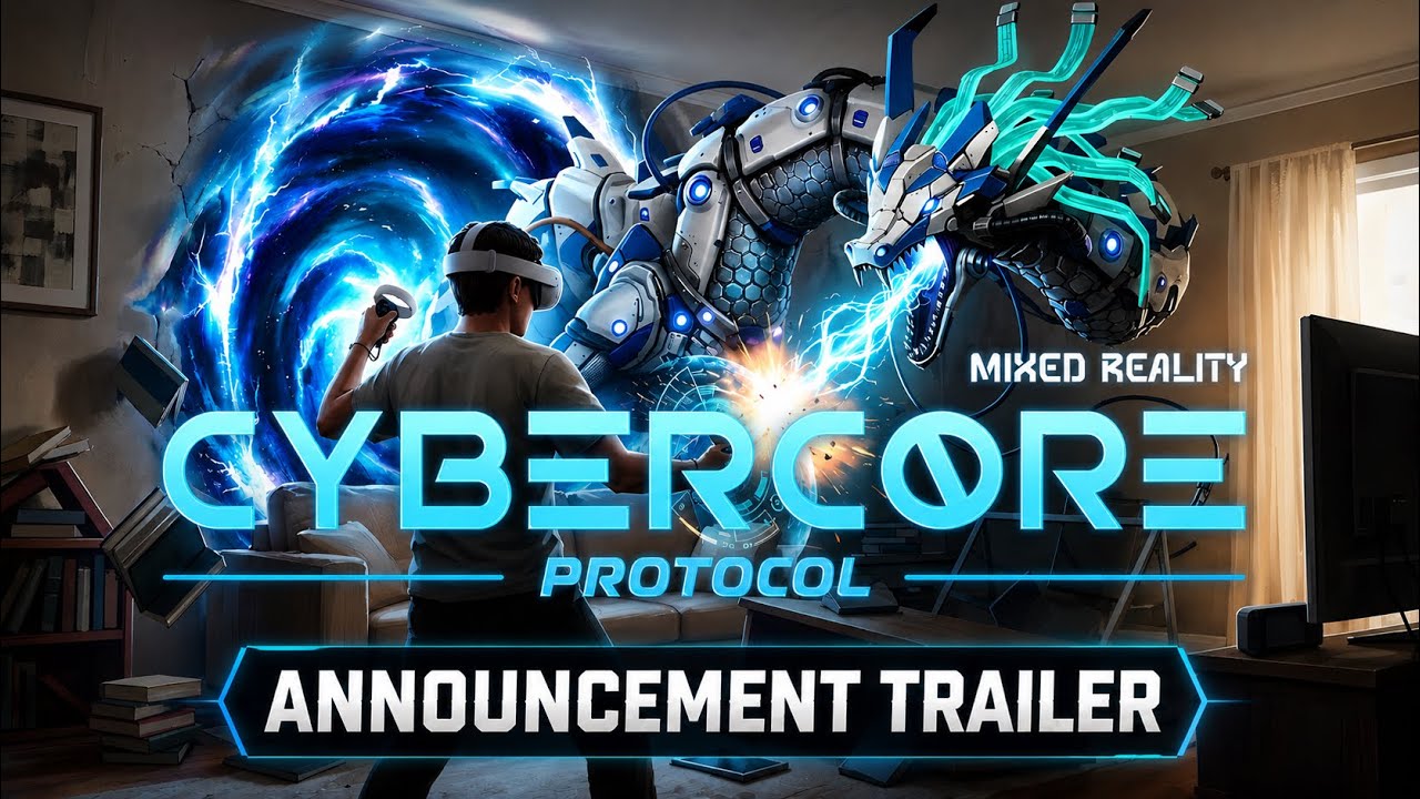 Cybercore Protocol announcement trailer thumbnail showing a player in a living room facing a robotic serpent emerging from a glowing portal in the wall