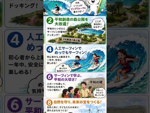 沖縄・糸満市が、世界で唯一の『平和型サーフタウン』へ進化する未来を描いています。