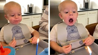 Toddler Struggles To Blow Out Candle On His Cake
