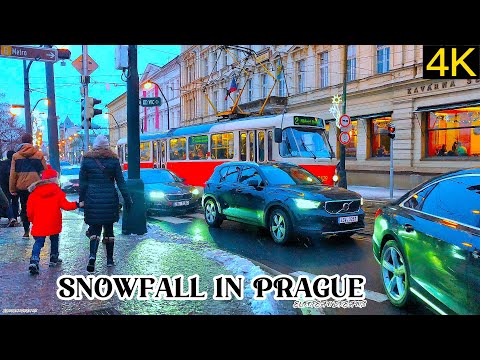 4K HDR | Snowfall in Prague 🇨🇿 | Walking Tour in Snow,National Theatre,Dancing House,River Vltava