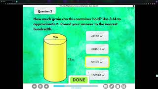 I-ready quiz for: Volume of Cylinders, Cones, and Spheres (Level H)