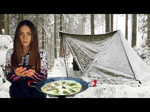 Camping in the RAIN & SNOW in Canvas HOT tent alone | Cooking in the woods | Winter ASMR