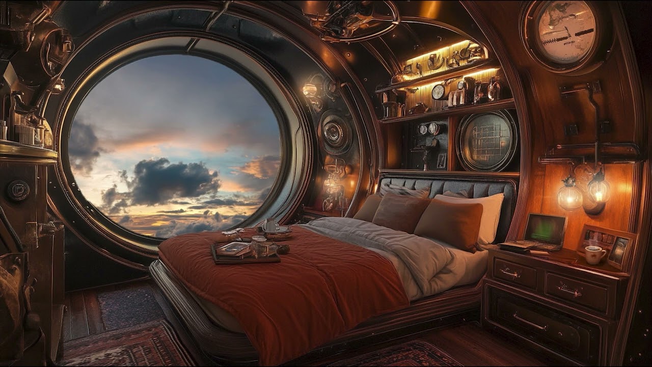 Aboard the Steampunk Airship – Bedroom Ambience | Passing blimps and blasts of steam | Cozy Ambience