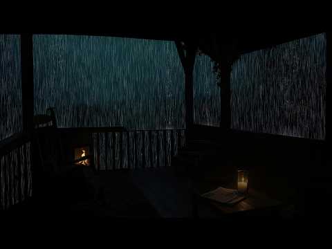 Rain lashes a dark forest cabin, fireplace flickers warmly. A cozy study sanctuary awaits.