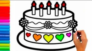Easy Birthday Cake drawing step by step, painting and coloring for kids and toddlers