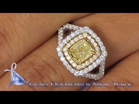 FD-066 - 1.49 Carat Fancy Yellow Cushion Cut Diamond Engagement Ring 18k Gold Pave Halo