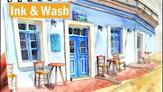 Line and Wash - Watercolor Painting Practice  - Cafe Scene