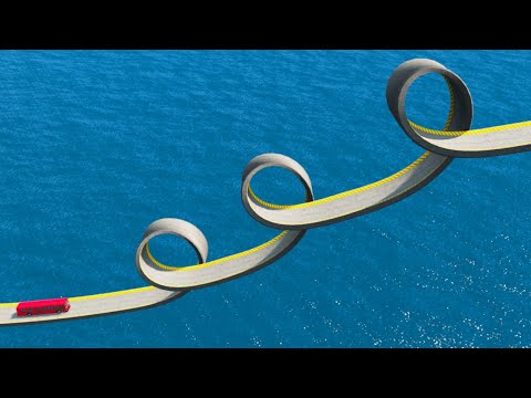 Impossible Triple Loop Bridge Climbing Cars Vs Deep Water - BeamNG.Drive