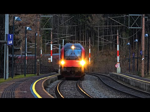 Alpine railways, Semmeringbahn, Austria. Trains at Wolfsbergkogel station. December 2024.