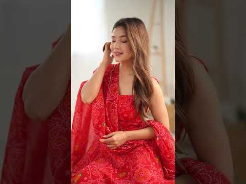 Red Designer Pure Chiffon Bandhej Anarkali Gown with 8-Meter Flare, Padded Backless Dori Pattern & Matching Dupatta – Fully Stitched Festive & Wedding Wear
