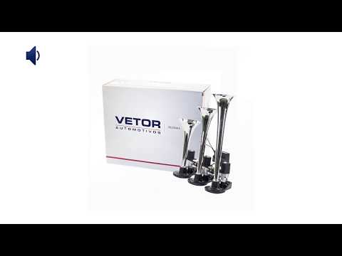 OUÇA O SOM DA BUZINA VT051 - BUZINA 3 CORNETAS CROMADA BI-VOLTS 12/24V VETOR