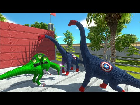 HULK SPINO VS 2X CAPTAIN AMERICA BRACHIO & AQUAMAN GORO DEATH RUN - Animal Revolt Battle Simulator