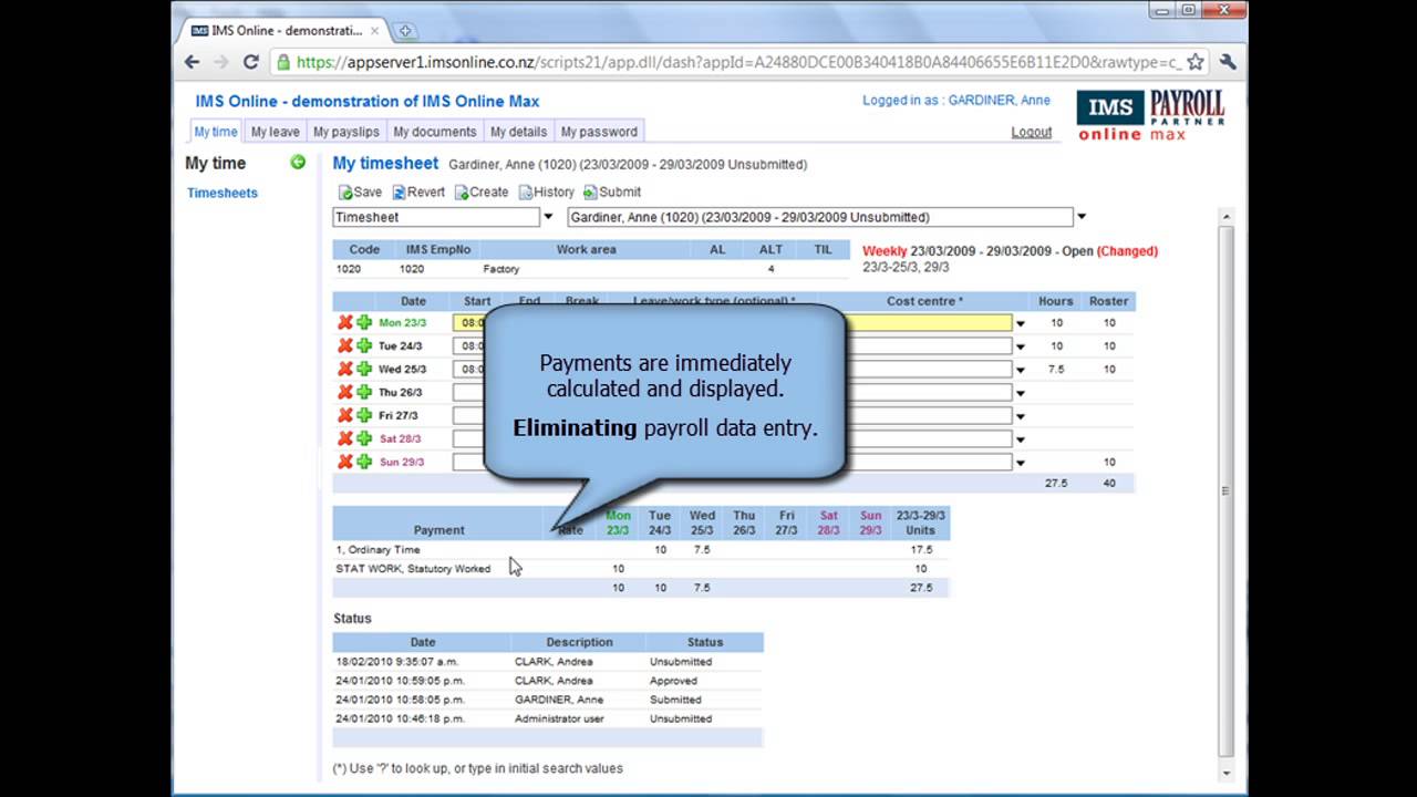 IMS Online Max - Employee submitting an online timesheet