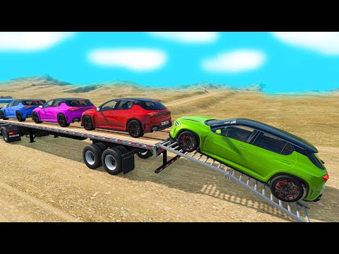 Flatbed Trailer Truck Transporter Rescue - Car vs Rails and Trains - BeamNG.drive