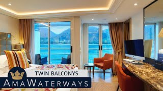 AMA Serena | Twin Balcony Stateroom Tour & Review 4K | AMA Waterways River Cruise Category BA/BB