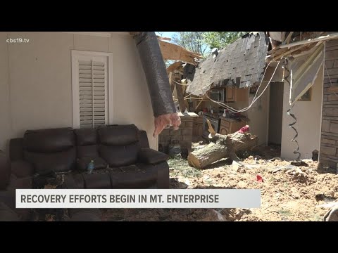 Cleanup and recovery efforts begin in Mt. Enterprise after tornado damage in Saturday's storms
