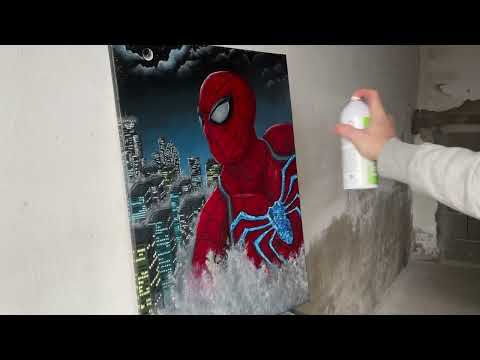 Gemälde versiegeln. Firnis auftragen. Sprühfirnis. Ölgemälde Spiderman.