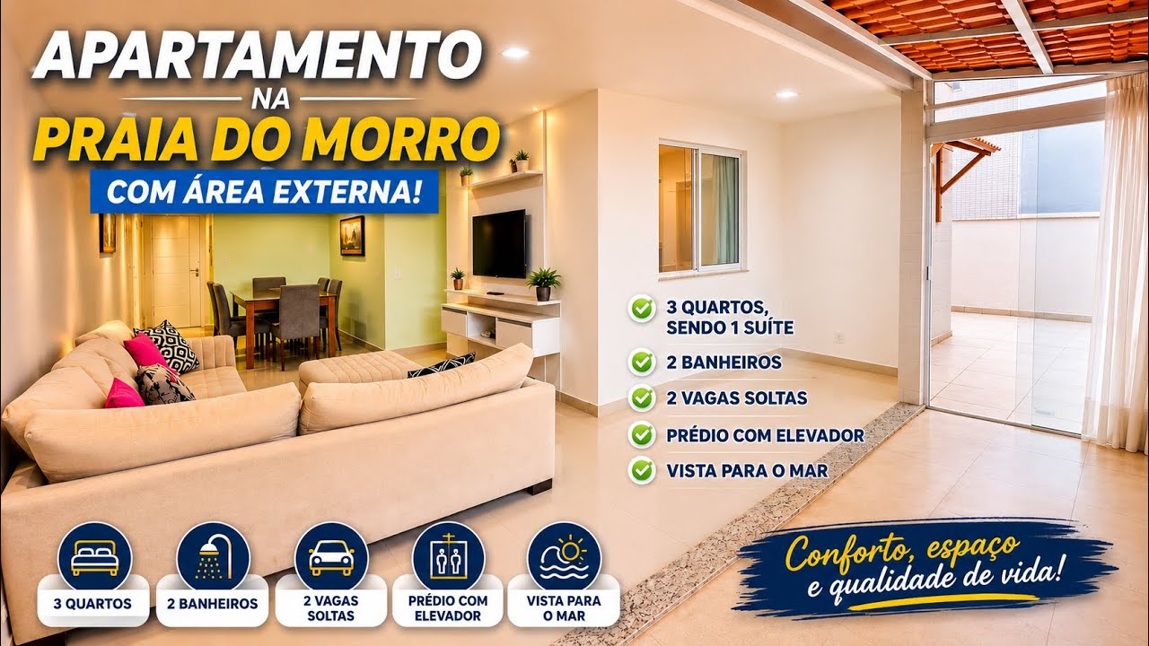 Praia do Morro, mobiliado, 1º andar com área externa, 3 quartos e 2 vagas