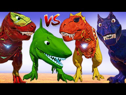 Iron-Man Alien Shark T-REX Vs Malusaurus & Spinosaurus V-REX Jurassic World Evolution Dinosaur Fight