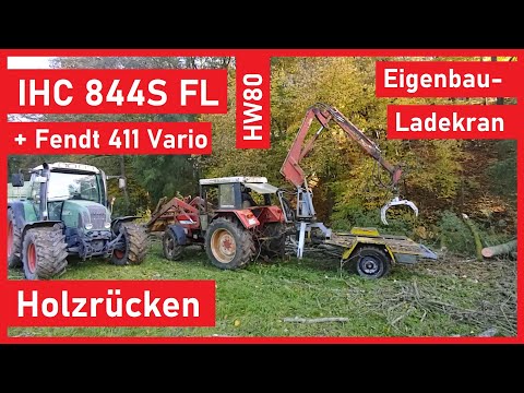 Holzrücken mit IHC 844S und Eingebau-Ladekran | Fendt 411 Vario | HW80