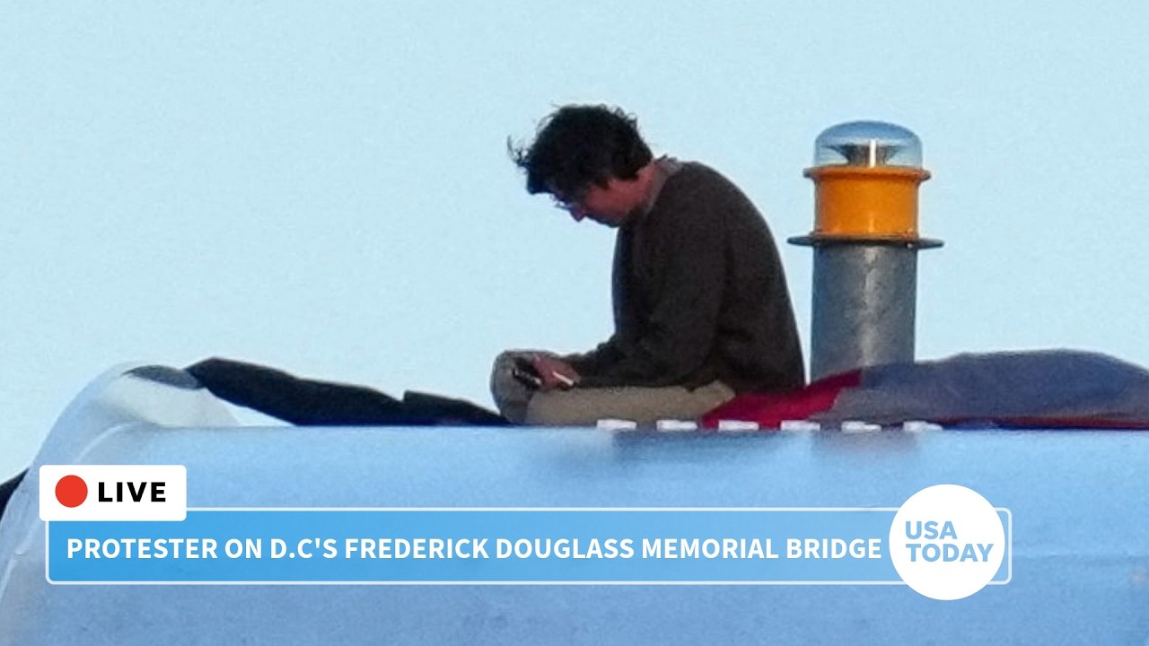 Live: Protester on Washington DC's Frederick Douglass Memorial Bridge continues