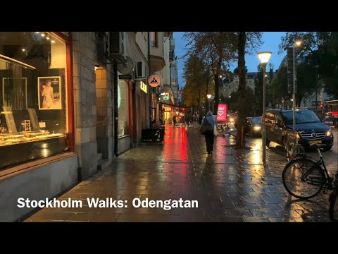 Stockholm Walks: Odengatan. Streetlife on a rainy October evening. Virtual walk in central Stockholm