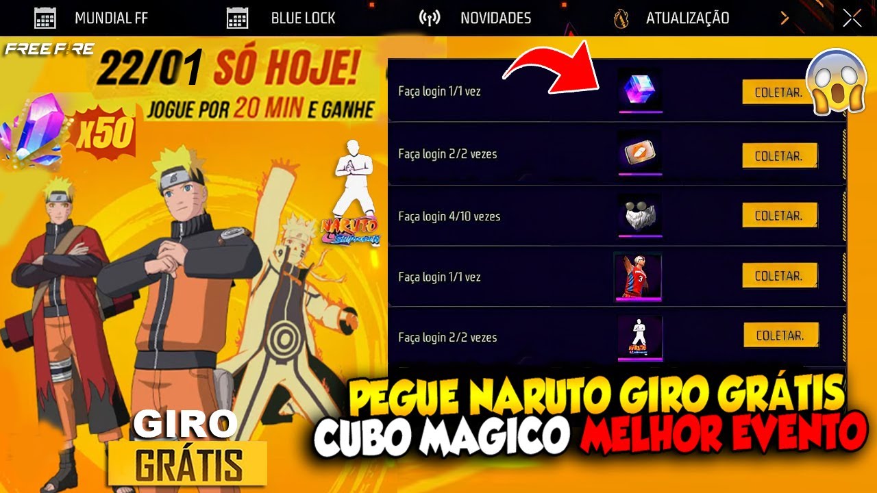 GARENA GENTE BOA!! 2 CHANCES PARA OBTER SKIN NARUTO GRÁTIS, 3º CUBO, LOJA MISTERIOSA - FREE FIRE