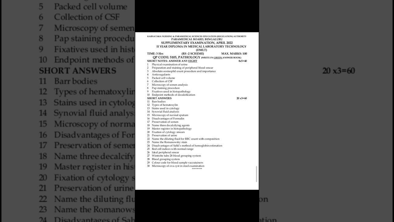 pathology |2nd year DMLT| paramedical| previous year question papers