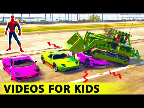 Funny BULLDOZER and COLORS CARS in Spiderman Cartoon for Kids with Children's Nursery Rhymes Songs Video