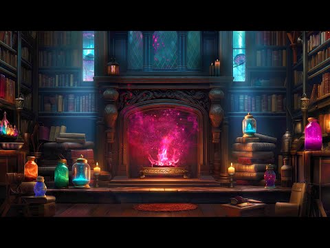 ✨🌈Magic Library Fireplace 🔥 Thunderstorm ⚡️ Fantasy Rain Ambiance  ☔️  Sleep, Relax, Study | 10 Hrs